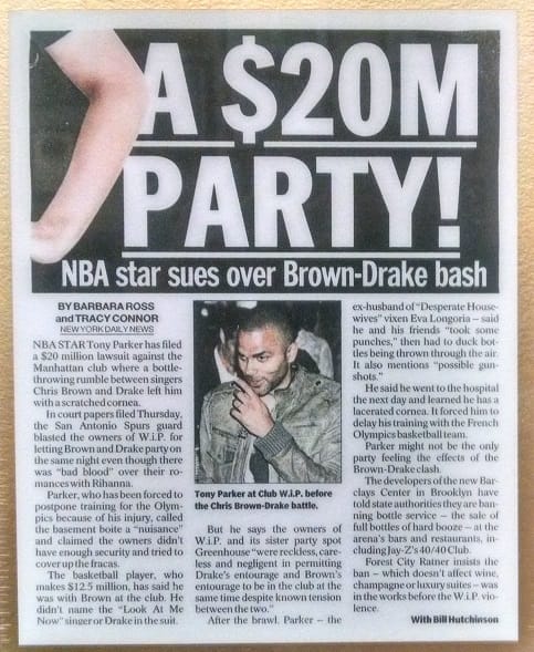 47 2012 NBA STAR TONY PARKER SUES CLUB FOR INJURY TO EYE DURING BRAWL BETWEEN CHRIS BROWN AND DRAKE